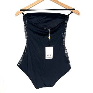 Babajaan NAOMI SWIMSUIT FISH NET CUT SIDE BLACK METALLIC NWT